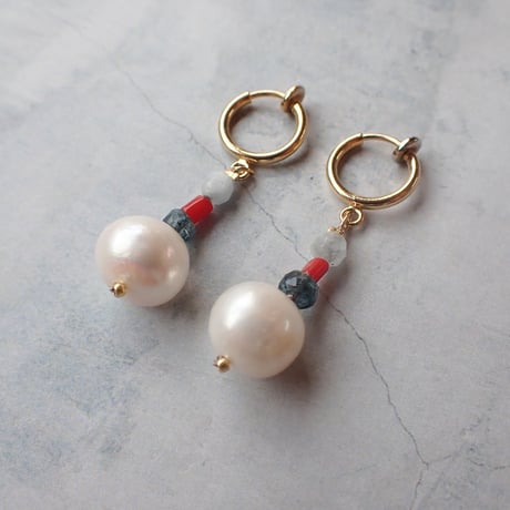 pearl × red coral ×  kyanite earring - E211