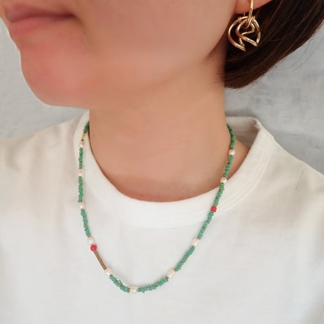 （1点もの）Green beads × Pearl 14kgf Necklace PN01