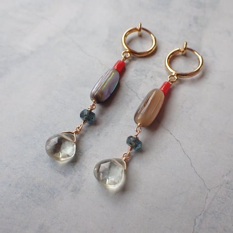 green amethyst × red coral ×  kyanite earring - E212