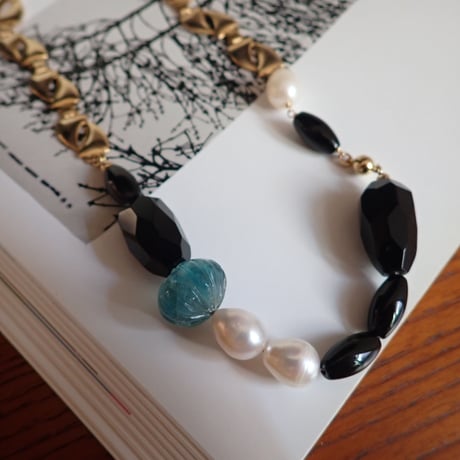 (一点もの）Brass chain × mix stones necklace  N14