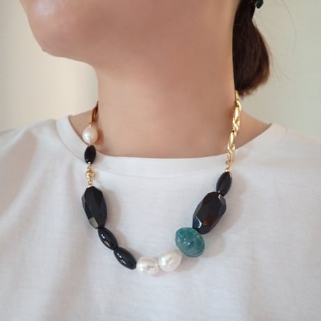 (一点もの）Brass chain × mix stones necklace  N14