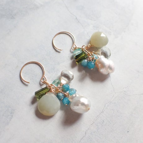 （1点もの）Mix Stones Earring - 南洋真珠 - E105