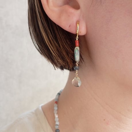 green amethyst × red coral ×  kyanite earring - E212