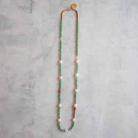 （1点もの）Green beads × Pearl 14kgf Necklace PN01