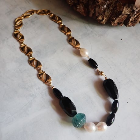 (一点もの）Brass chain × mix stones necklace  N14