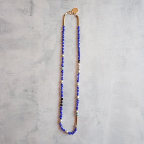 （1点もの）Blue beads × Pearl 14kgf Necklace PN02