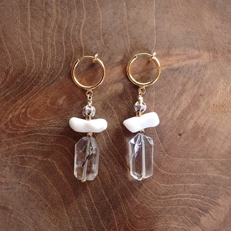 Black Rutile Quartz  × White coral Earring- E123
