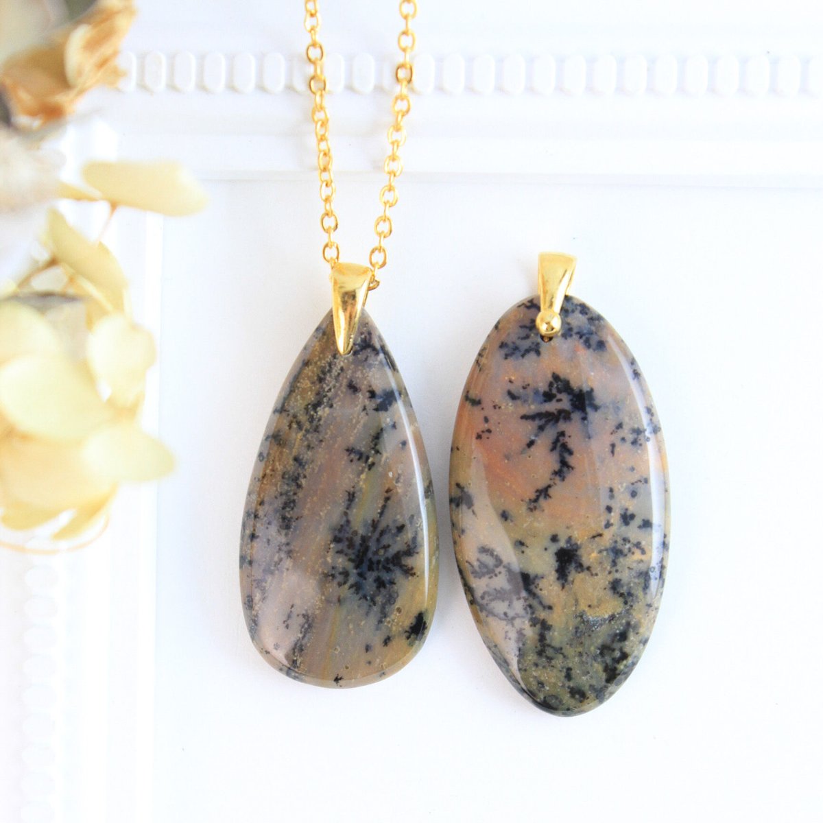 １4Kgf天然石 どうぶつ+パール+アゲートのモンスターネックレス^^ 世界に1つ/超希少/選べる】ハニーデンドリティックアゲート