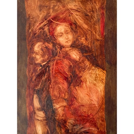 La dame du foulard rouge（赤いスカーフの婦人）油絵Oilpainting 木製パネル　25.5cm x41cm