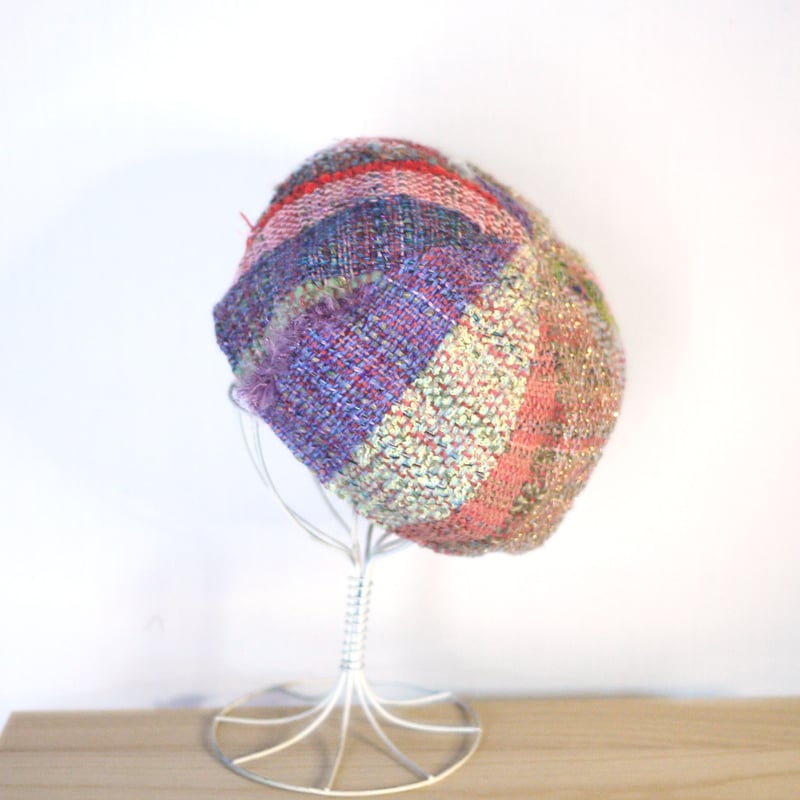 個性的】さをり織りのカラフル 6枚はぎベレー帽子 秋冬糸 2color