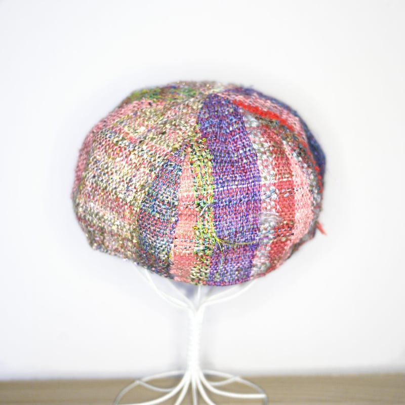 個性的】さをり織りのカラフル 6枚はぎベレー帽子 秋冬糸 2color