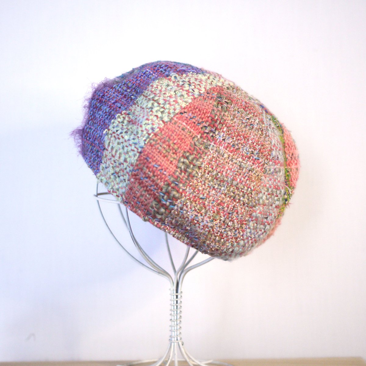 個性的】さをり織りのカラフル 6枚はぎベレー帽子 秋冬糸 2color