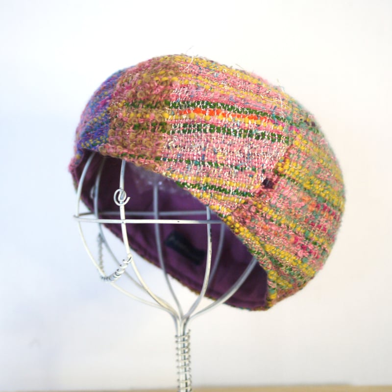 個性的】さをり織りのカラフル 6枚はぎベレー帽子 秋冬糸 2color