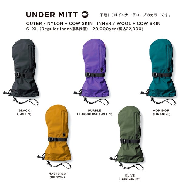 23-24 GREEN CLOTHING グローブ ミトン　GREEN CLOTHING UNDER MITT 男性&女性用 （BLACK　 PURPLE) スノーグローブ グリーンクロージング