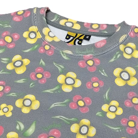 KROOKED サーマル Tシャツ 長袖 クルキッド　KROOKED SKATEBOARDS PAINTED FLOWERS WAFFLE KNIT CREWNECK
