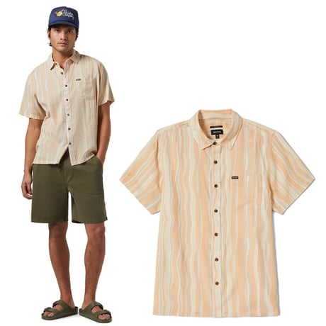 BRIXTON シャツ 半袖 ブリクストン メンズ オレンジ系　CRU SLUB S/S WVN SHIRT（HAZELNUT/PAINTERLY STRIPE）