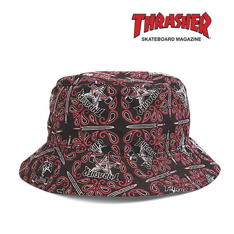 THRASHER ハット　THRASHER BANDANA BUCKET HAT （BLACK & RED） バケットハット スラッシャー