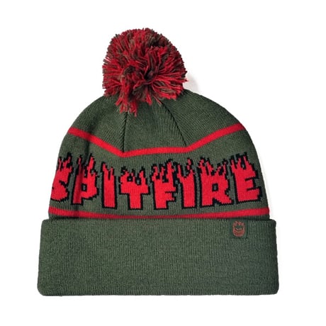 SPITFIRE WHEELS ビーニー 緑 スピットファイア　SPIT FIRE DEMONSEED SCRIPT POM BEANIE（OLIVE/RED/BLACK）
