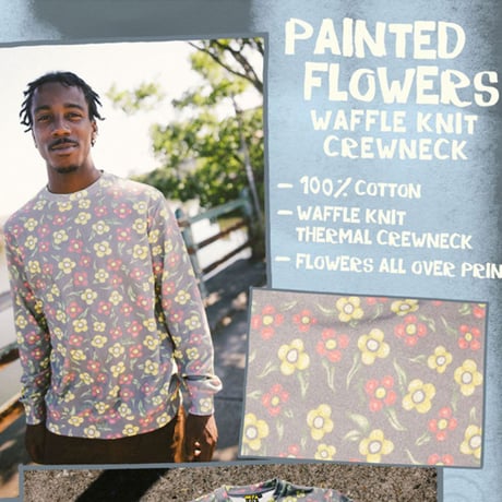 KROOKED サーマル Tシャツ 長袖 クルキッド　KROOKED SKATEBOARDS PAINTED FLOWERS WAFFLE KNIT CREWNECK