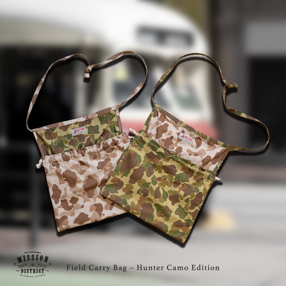 MISSION DISTRICT ショルダーサック　ハンターカモ　ネイジャパ Beige】Field Carry Bag – Hunter Camo Edition |