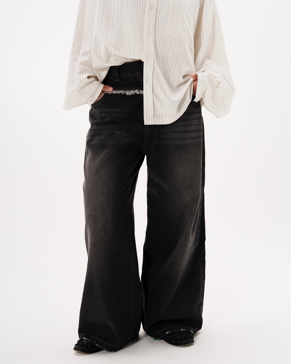 Vintage Washed Fringe Wide Denim Pants【BLACK】 |