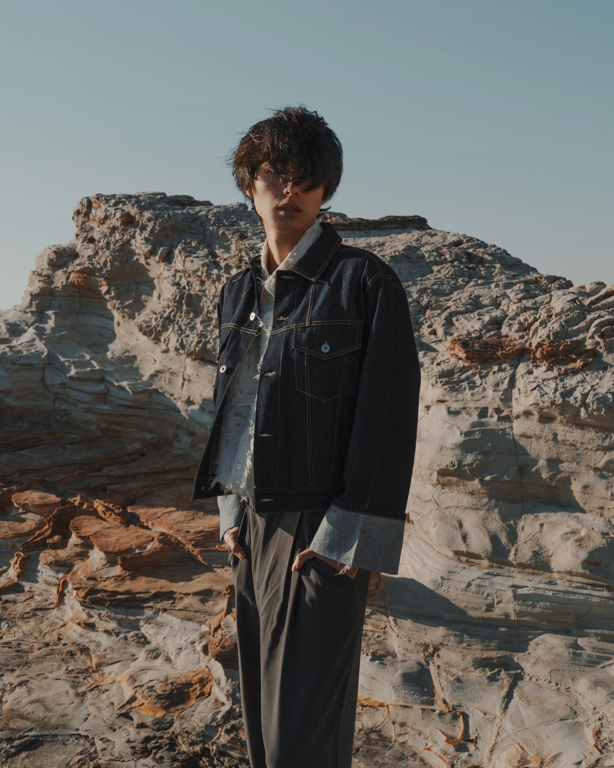 Mr.Creape 短丈ロールアップデニムジャケット 短丈ロールアップデニムジャケット【BLUE】 | Mr.Creape