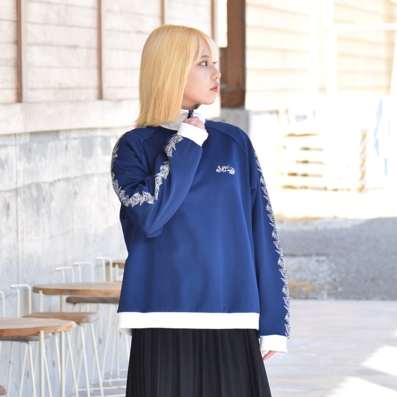 花柄刺繍ハーフジップトラックジャケット【NAVY】 | Mr.Creape