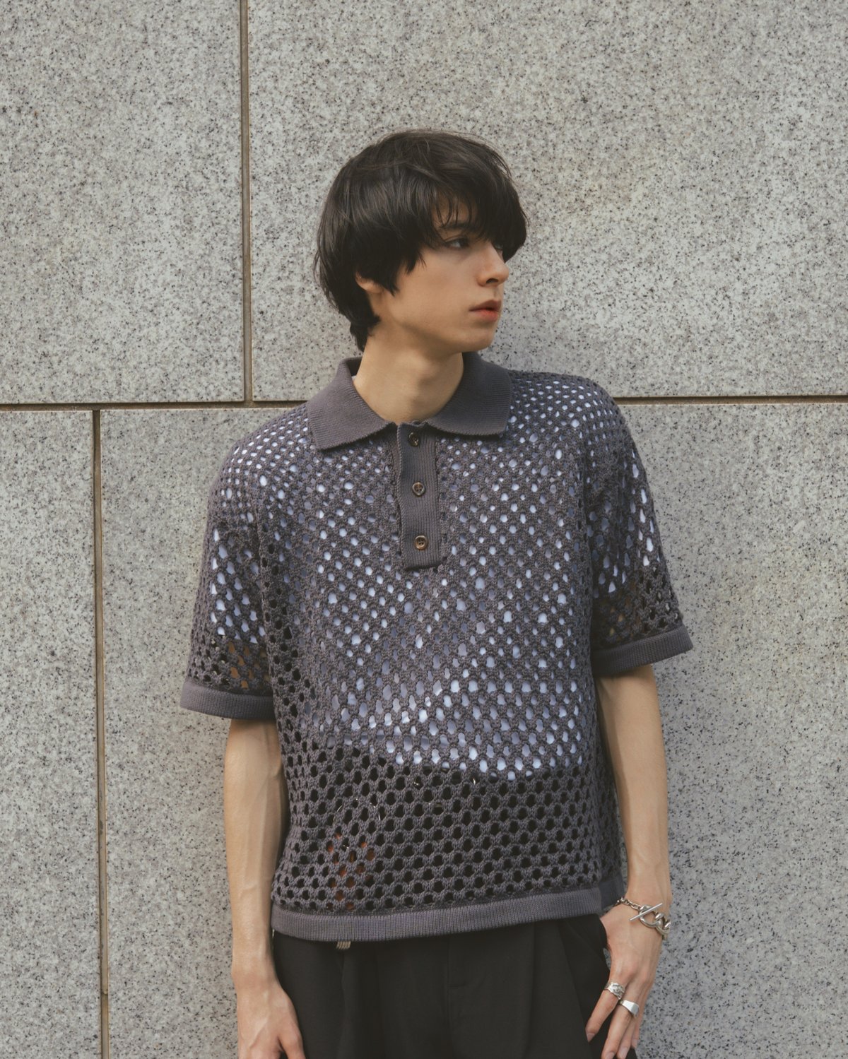 透かし編みグラデーションニットポロ【GRAY】 | Mr.Creape