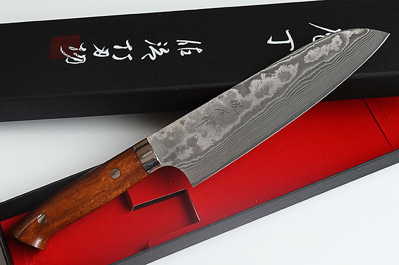 日本製 小賢しい VG10 ダマスカス 三徳包丁185mm 黒柄 G1756E箱付 月光作