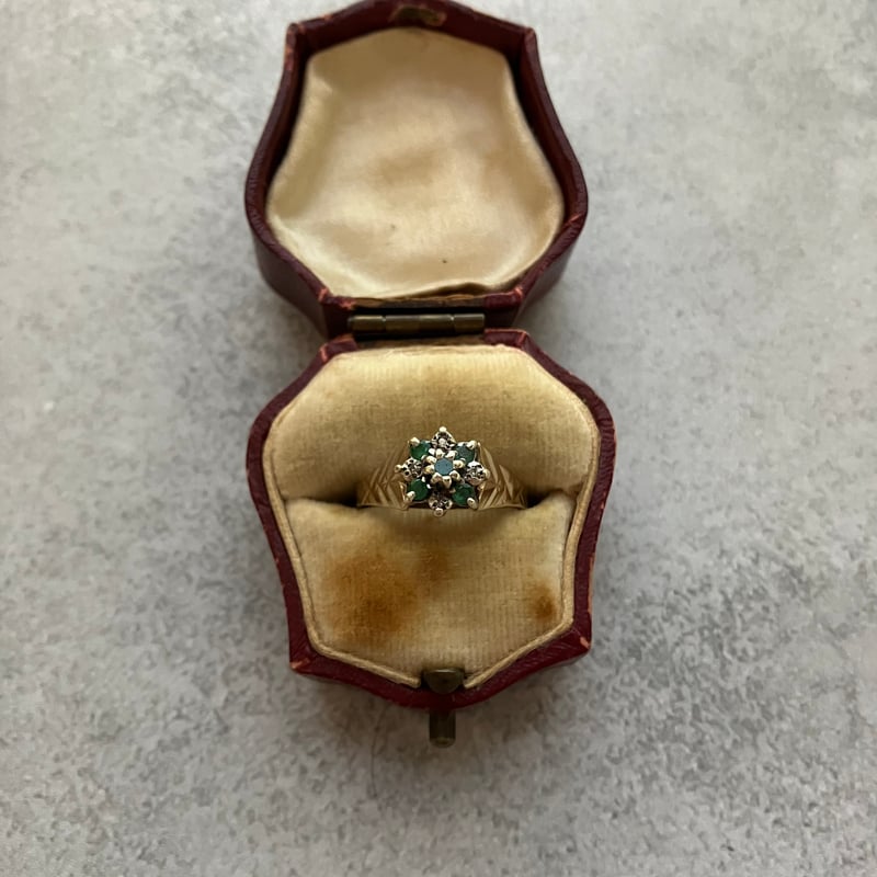 K14とptとSVのエメラルド&ダイヤ&パールのアンティークリングです K14とptとSVのエメラルド&ダイヤ&パールのアンティークリングです K14