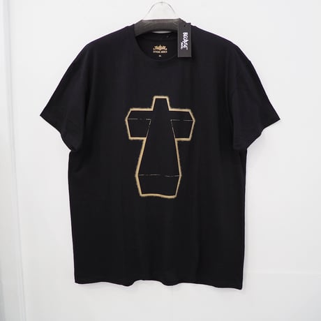 新品 XL ジャスティス 公式 クロス プリント Tシャツ 黒 ブラック 金