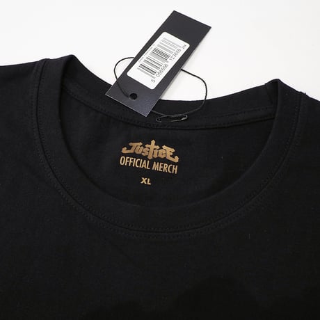新品 XL ジャスティス 公式 クロス プリント Tシャツ 黒 ブラック 金