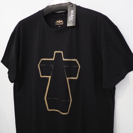 新品 XL ジャスティス 公式 クロス プリント Tシャツ 黒 ブラック 金
