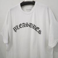 新品 定価11880円 プレジャーズ オールドイングリッシュ ロゴ プリント Tシャツ ホワイト 白 黒 メンズ XL