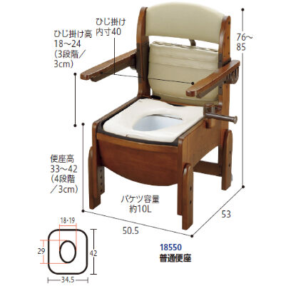 木製トイレきらく コンパクト肘掛跳ね上げ 普通便座（商品番号：201