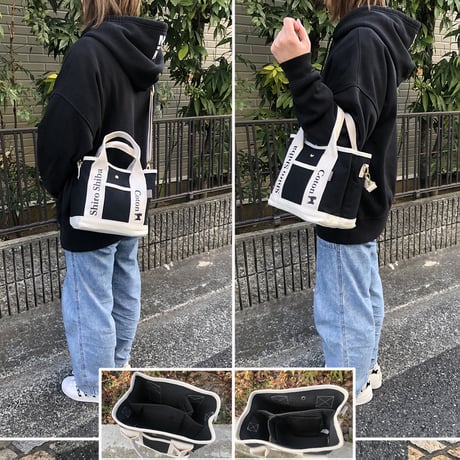 新色！UCHINOKO   2WAY  キャンバスミニトート  （ショルダー付き ）ブラックアイボリー 1匹Ver