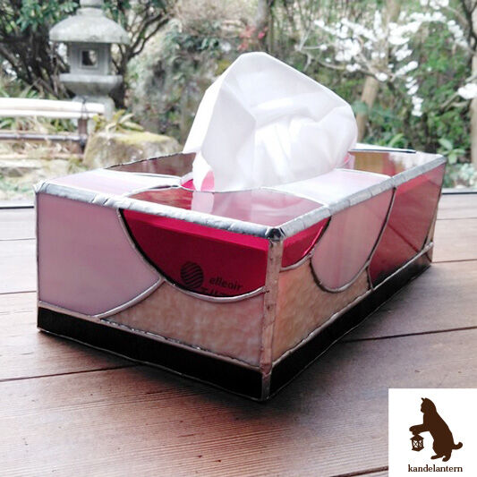 ステンドグラス　アンティーク調　ティッシュボックスピンク色(現品限り) 送料無料！ステンドグラス ティッシュケース〜専用ケース付き