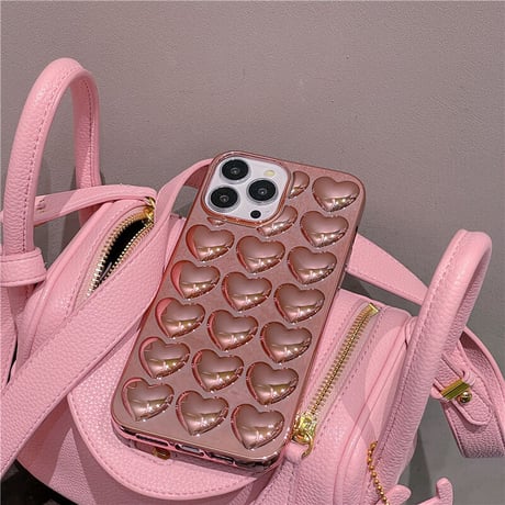 【N193】立体ハート柄iPhone16/15proケース かわいいピンク ぷくぷく