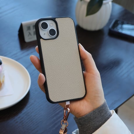 【N246】iphone16/15/14 ケース 本 革 高級 iphone ケース シンプル レザー グレージュ「ショルダーストラッププレゼント」