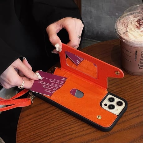 【N183】カード収納付きショルダースマホケース ミラー付きicカード iPhone16/15/14/13ケース 斜めがけ