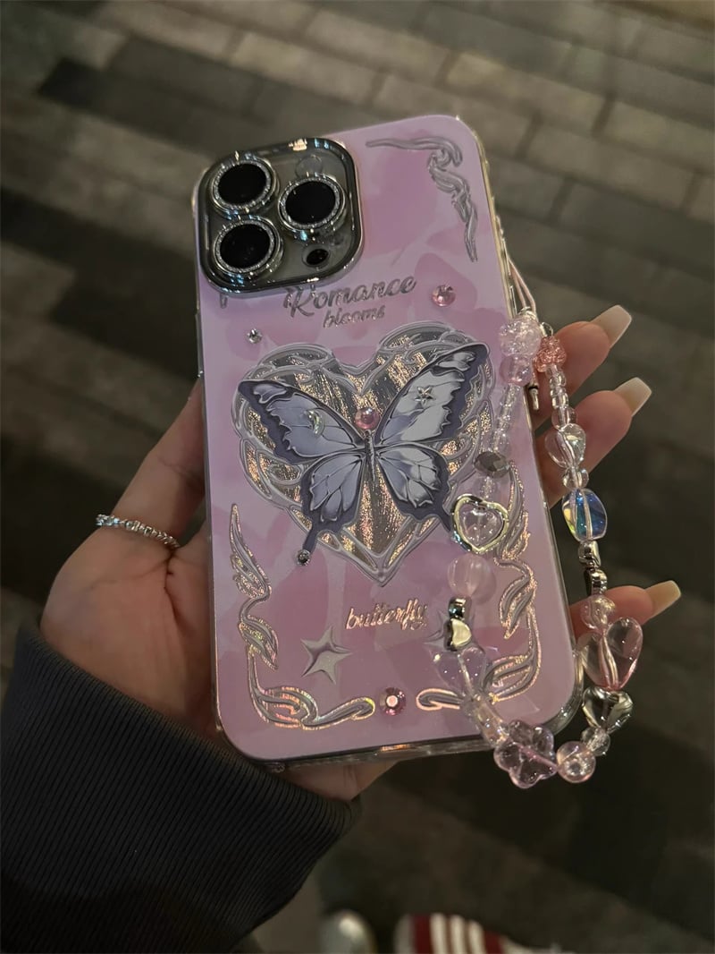 【Iphone15】金の蝶のデザインのハードケース　シルバー N182】iPhone15/14/13/12など対応ケース 蝶 かわいい 女子 人気 ピン