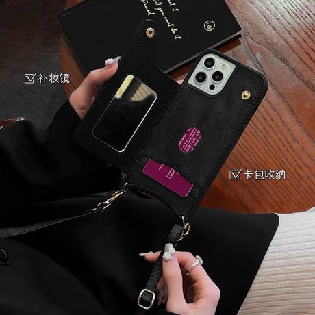 【N183】カード収納付きショルダースマホケース ミラー付きicカード iPhone16/15/14/13ケース 斜めがけ