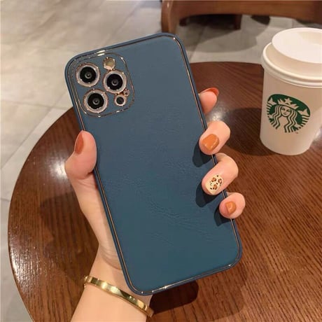 【N138】ネビーブルー高級レザーiPhone15/14/13min/12/11ハードケース 高級感 メッキゴールドフレーム
