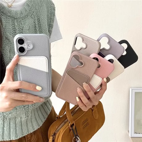 【N199】ライチレザーiPhone16/15/14など対応ケース シンプルのカラー カード収納 韓国風 保護カバー