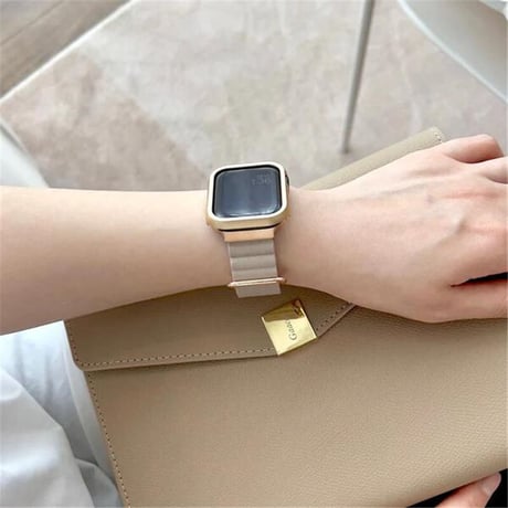 【N341】「apple watchケース付き」apple watch バンド マグネット アップル ウォッチ バンド ベージュ/グレー/白 2点set