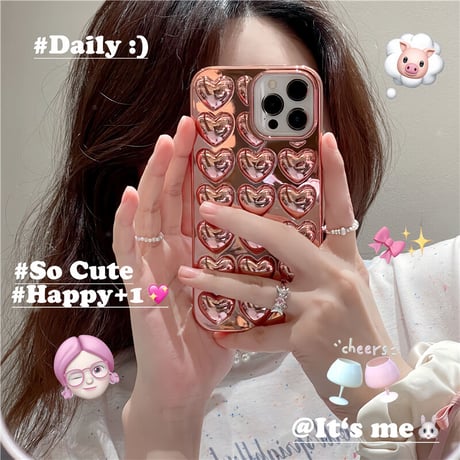 【N193】立体ハート柄iPhone16/15proケース かわいいピンク ぷくぷく