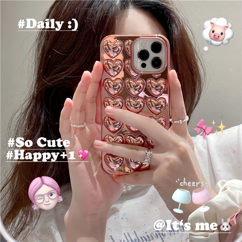 N193】立体ハート柄iPhone16/15proケース かわいいピンク ぷくぷく | ha