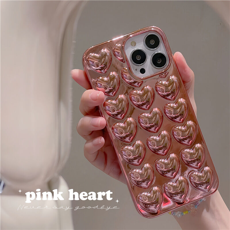 N193】立体ハート柄iPhone16/15proケース かわいいピンク ぷくぷく | ha