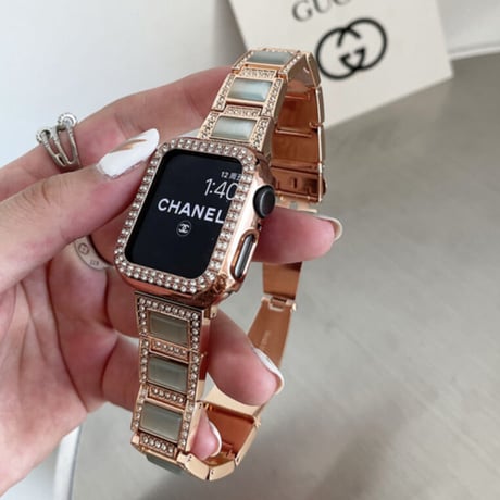 【N378】「apple watchケース付き」ステンレス+樹脂 apple watch バンド 女性 アップル ウォッチ バンド キラキラ 41mm/44mm/49mm