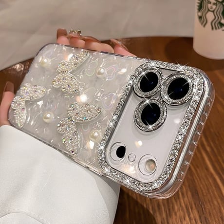 【N778】iPhone ケース キラキラ スマホケース デコ バタフライ カメラ保護フィルム 付き